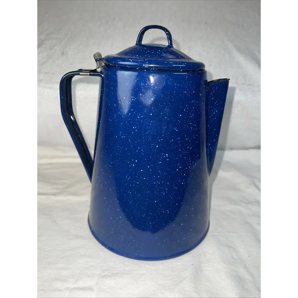 Vintage Blue Speckled Enamel Coffee Pot Campfire Cowboy Kettle Rustic Camping